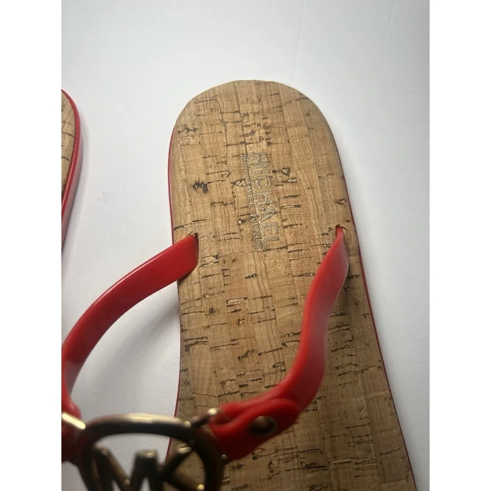 Michael Kors‎ Charm Jelly Women Thong Sandals Red Gold MK Logo Cork PVC Sz 11